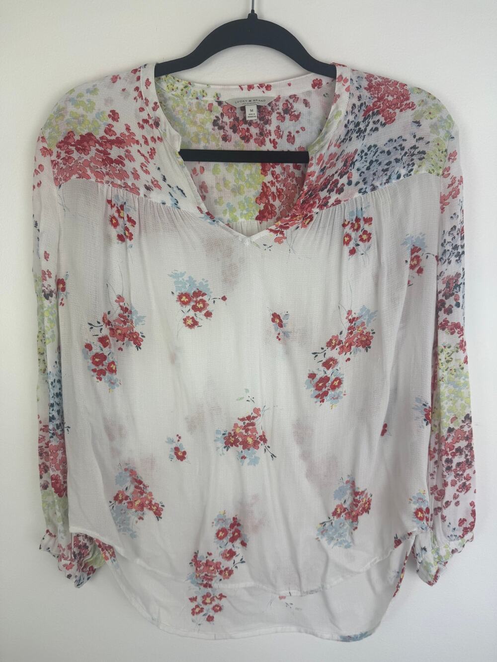 Lucky Brand Womens Floral Blouse Sheer Boho Peasant White/Pink Blouse Medium